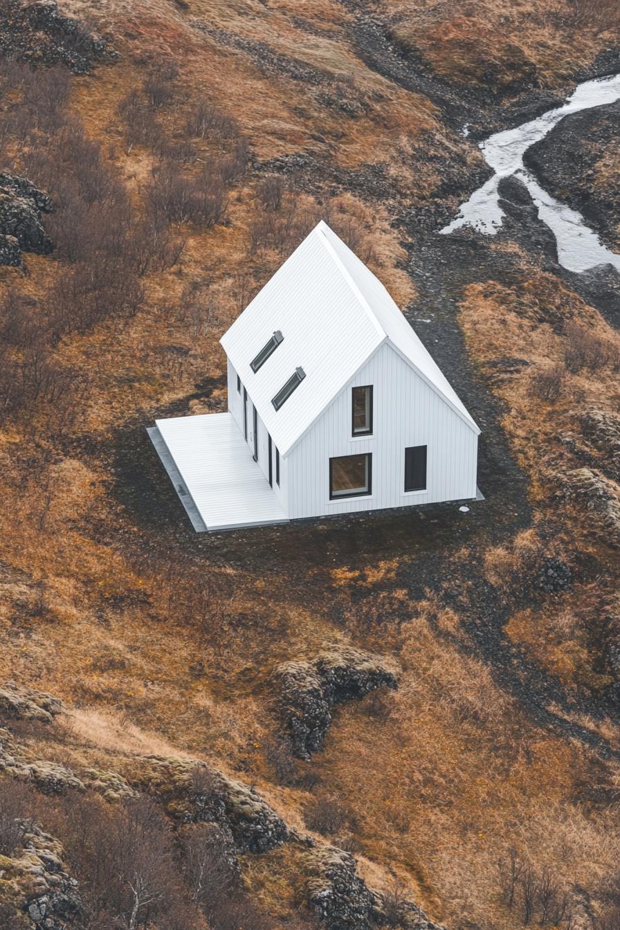 aerial view of a modern a frame house with white siding and white roof in stunning Icelandic landscape with thermal streams contrasting colors 2