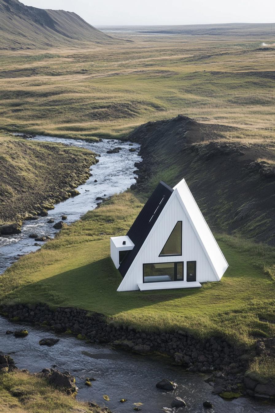 aerial view of a modern a frame house with white siding and white roof in stunning Icelandic landscape with thermal streams contrasting colors 3