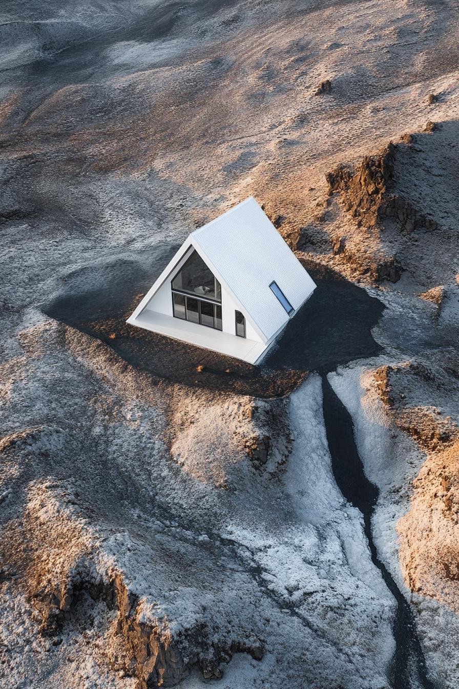 aerial view of a modern a frame house with white siding and white roof in stunning Icelandic landscape with thermal streams contrasting colors