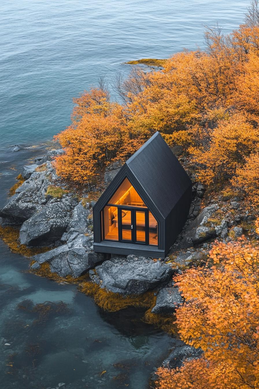 Modern A-frame cabin nestled on rocks by the water