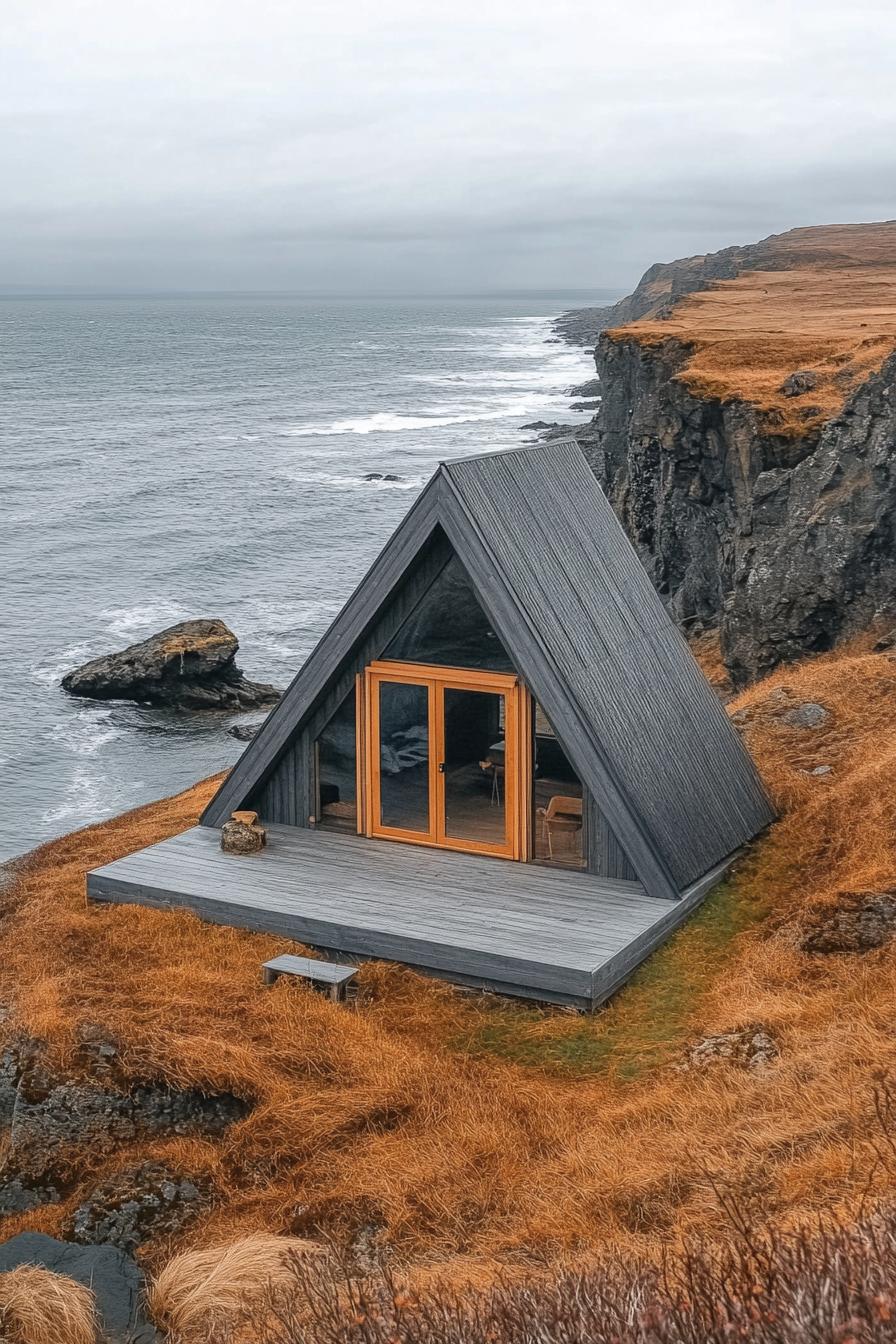 Rustic A-frame cabin perched on a cliffside