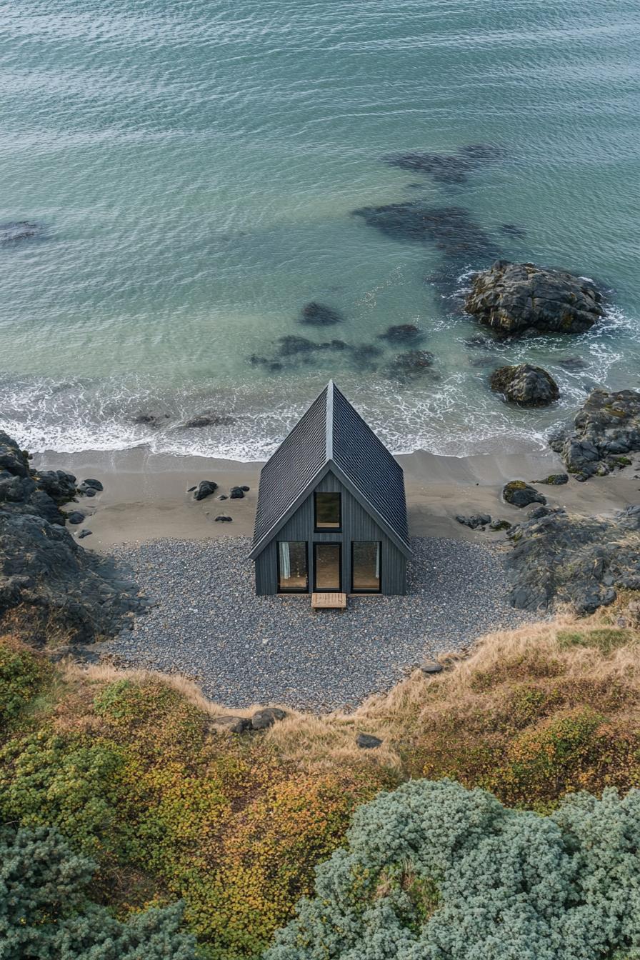 A modern A-frame cabin on a secluded pebble beach