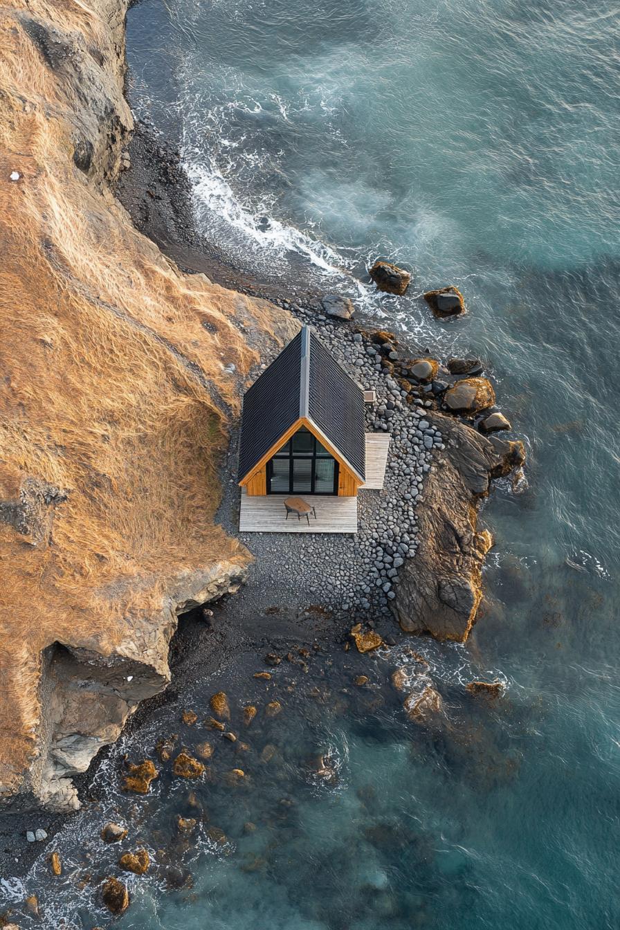 A solitary A-frame cabin atop rugged coastal rocks