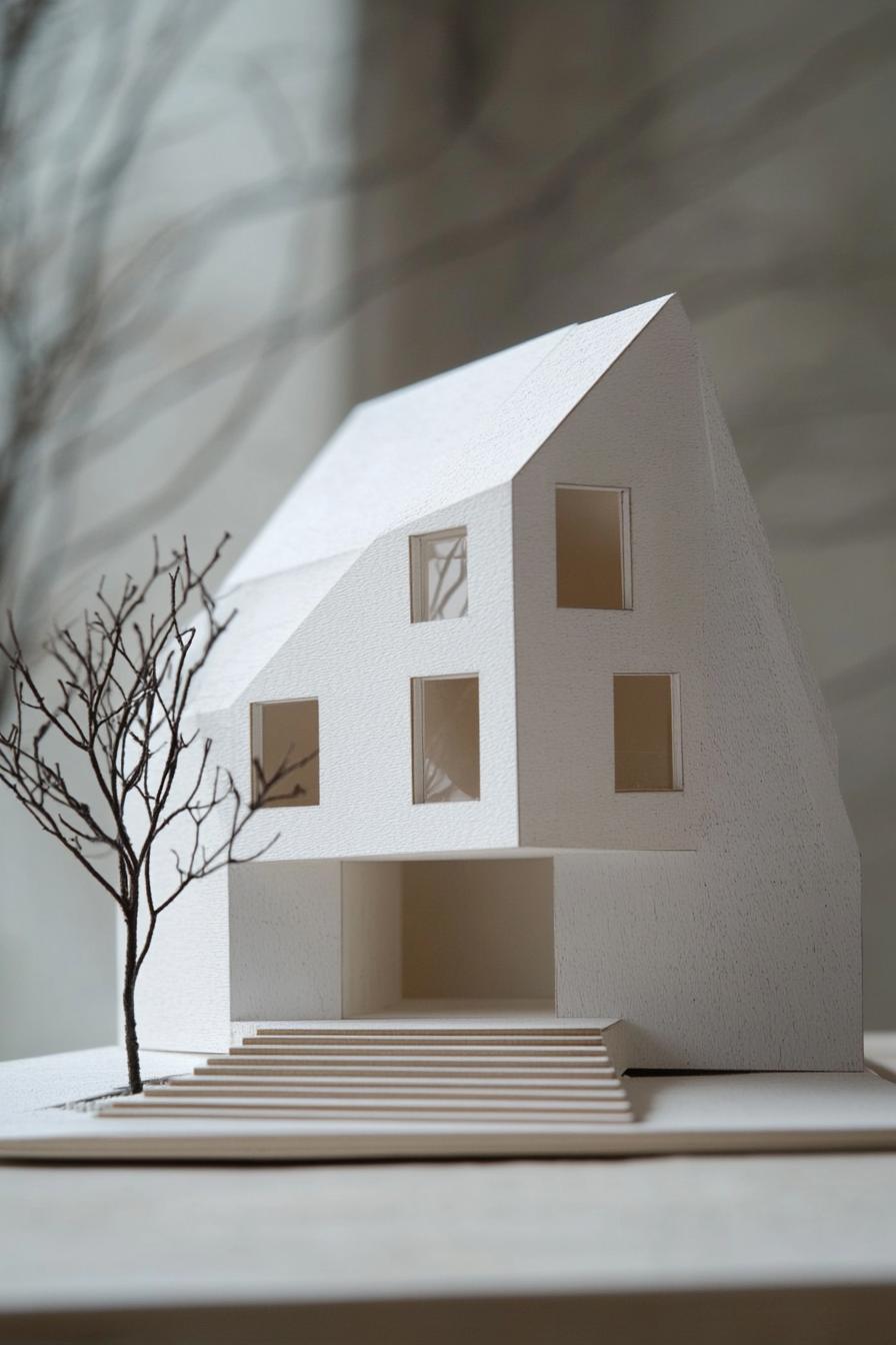 architecture model of a modern multi facet geometric house facade with multi pitched roof