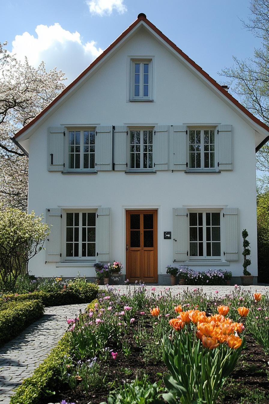 countryside two story house painted white modern shutter windows modern doors front garden with blooming flowers 2