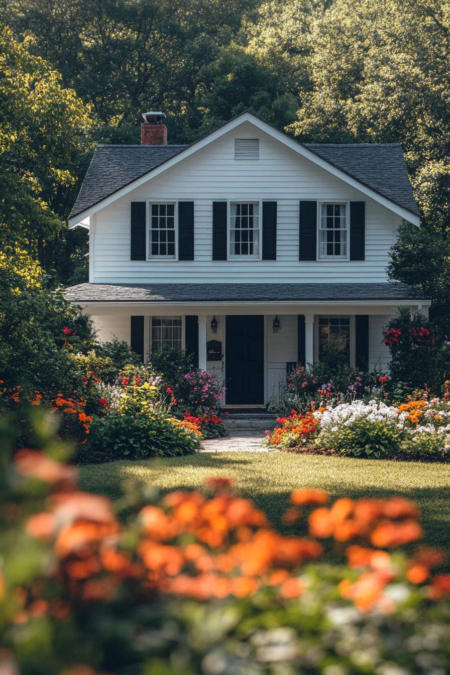 countryside two story house painted white modern shutter windows modern doors front garden with blooming flowers