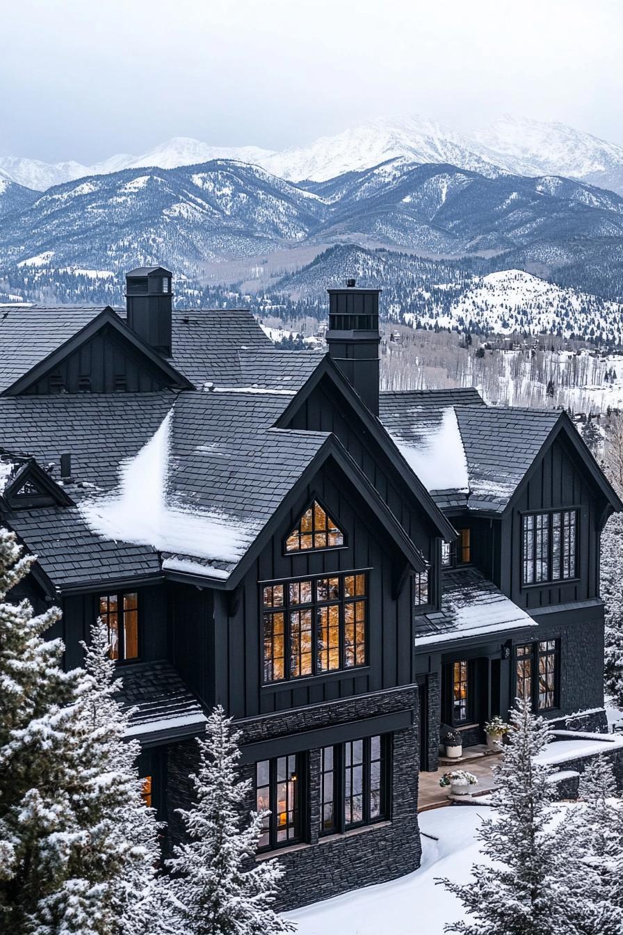 high angle view of large black manor house modern windows roof with gables and black shingles winter wonderland landscape with majestic snowy 1