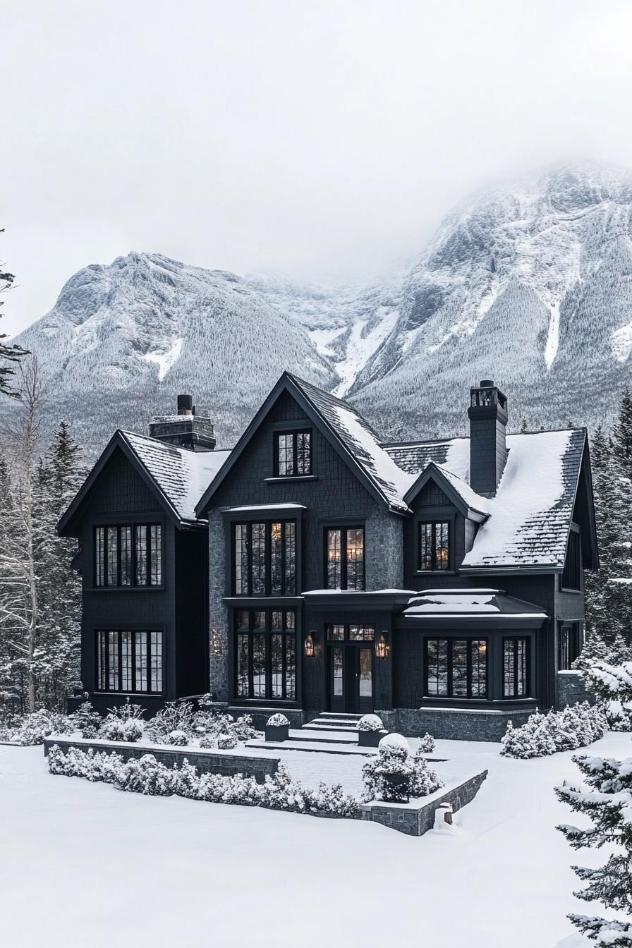 high angle view of large black manor house modern windows roof with gables and black shingles winter wonderland landscape with majestic snowy