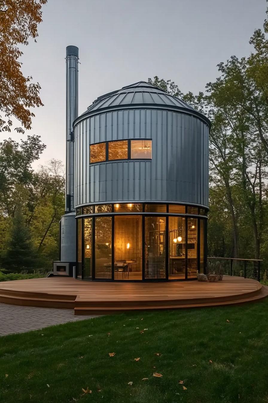 metal grain silo converted into a modern house on a large wooden deck modern windows front paved yard beautiful farmland landscape surrounded with 1