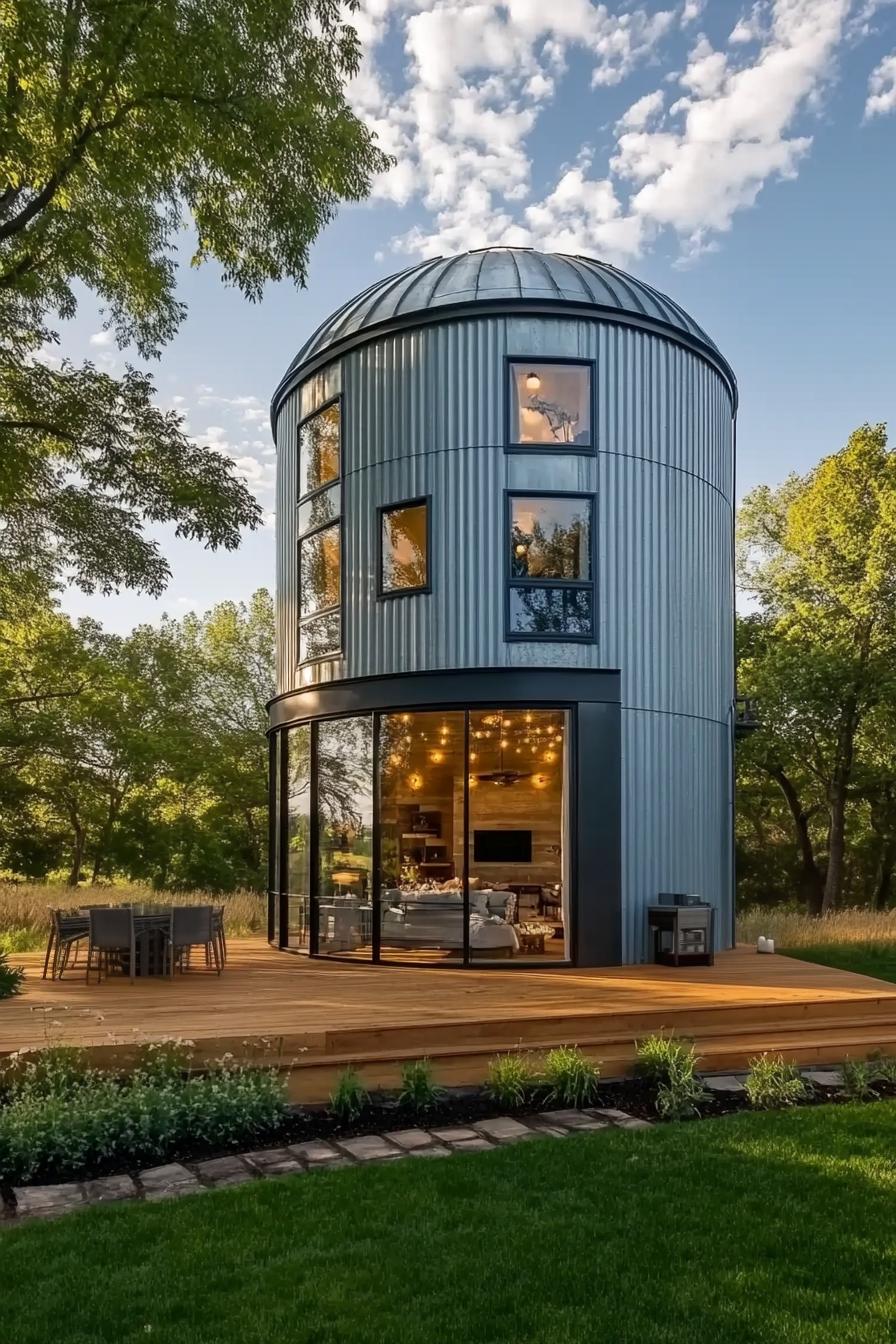 metal grain silo converted into a modern house on a large wooden deck modern windows front paved yard beautiful farmland landscape surrounded with