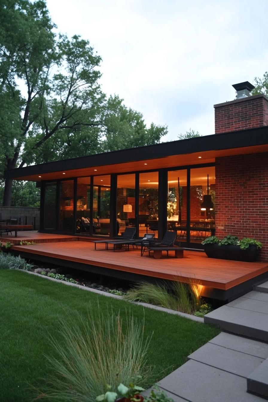 mid century modern house with full wall windows flat roof with large eaves natural wood and red brick large wooden deck front yard landscaping 1