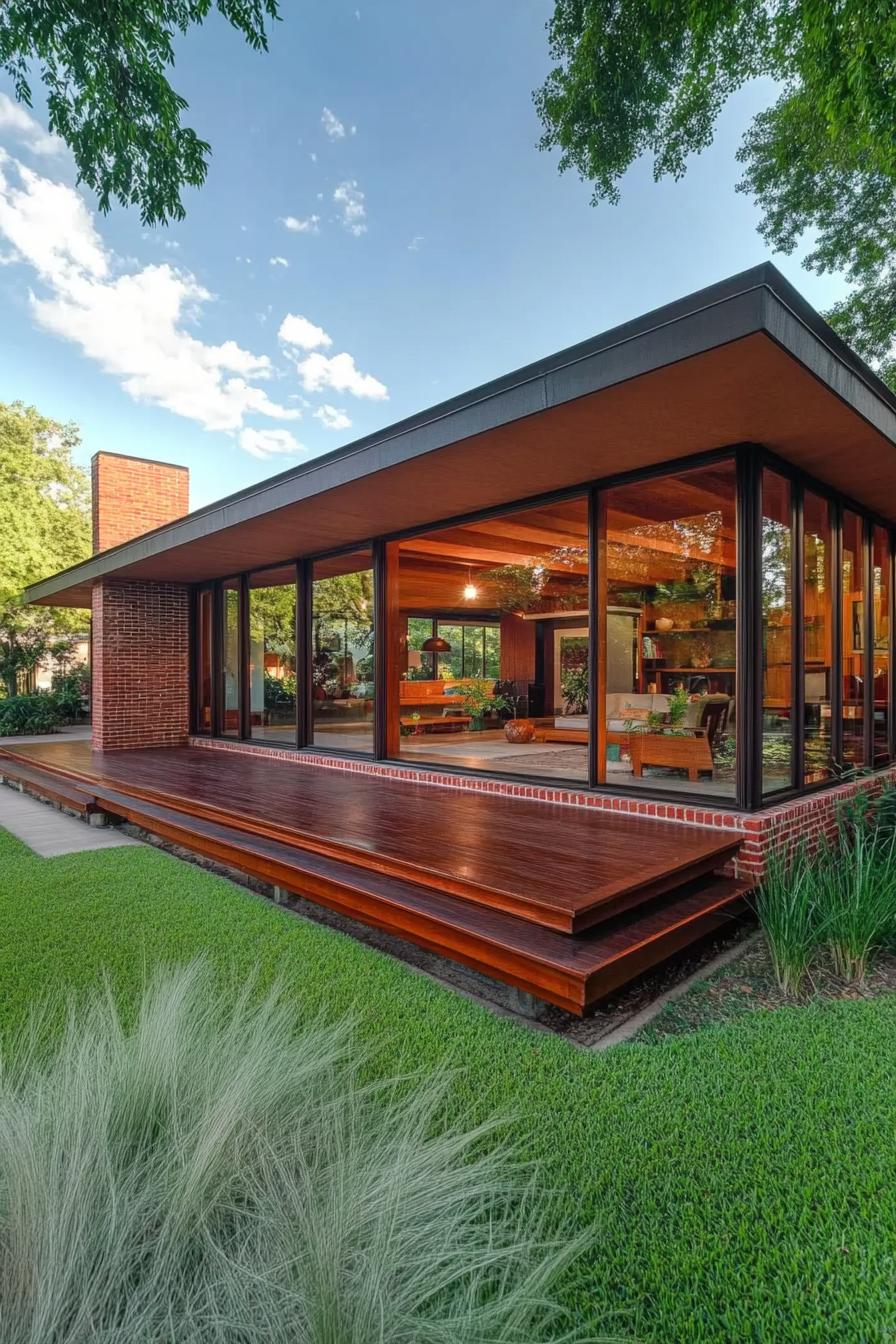 mid century modern house with full wall windows flat roof with large eaves natural wood and red brick large wooden deck front yard landscaping 2