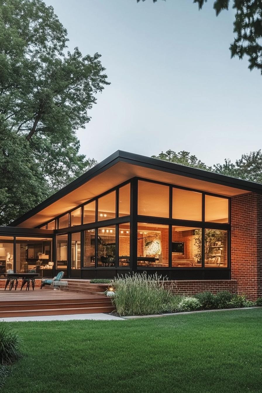 mid century modern house with full wall windows flat roof with large eaves natural wood and red brick large wooden deck front yard landscaping 3