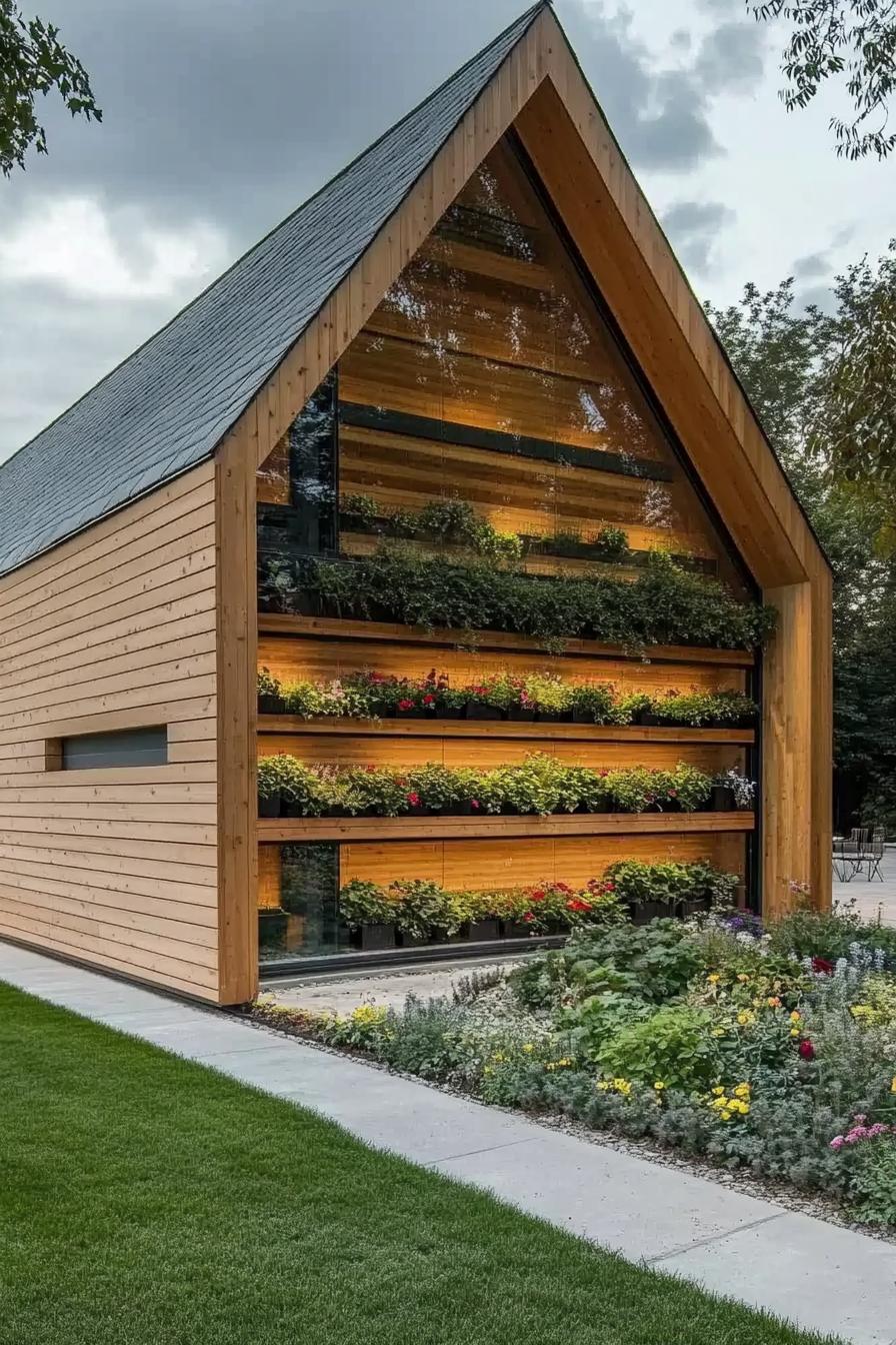 Modern wooden house with lush vertical garden