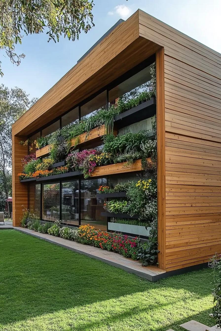 Modern wooden house with vibrant vertical garden