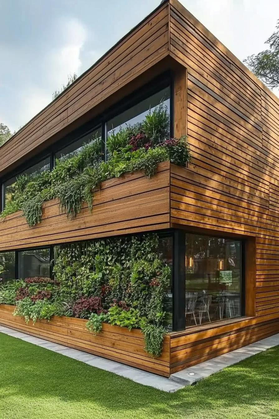 Wood-themed house with abundant greenery