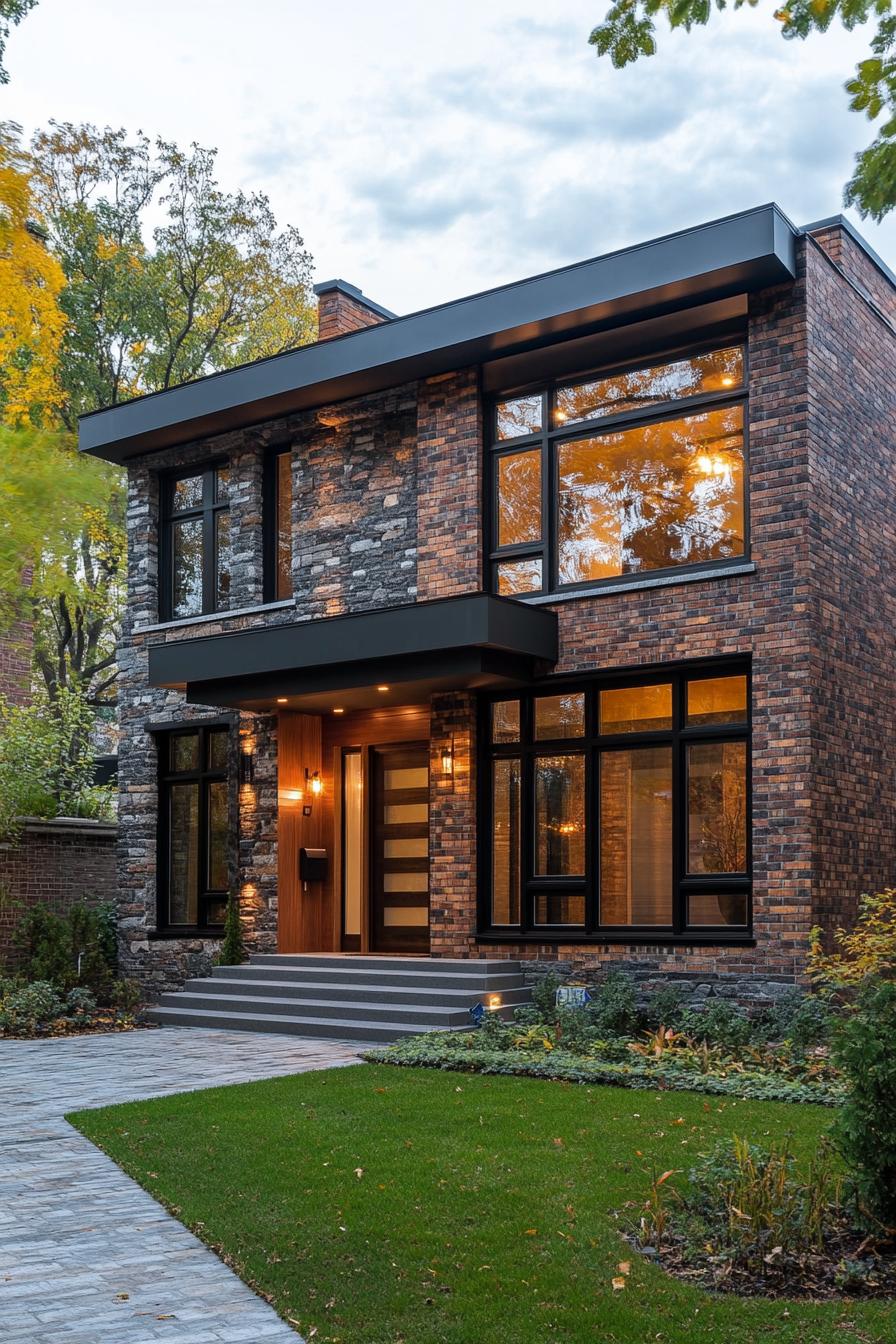 Modern brick house with large windows and lush garden