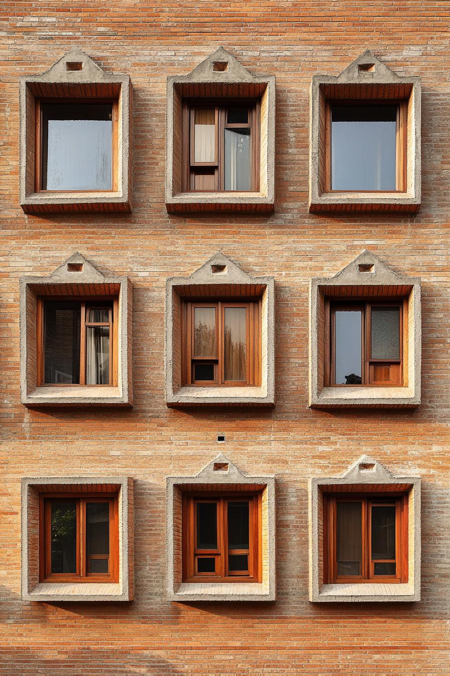 Nine square windows with wood frames on a brick facade