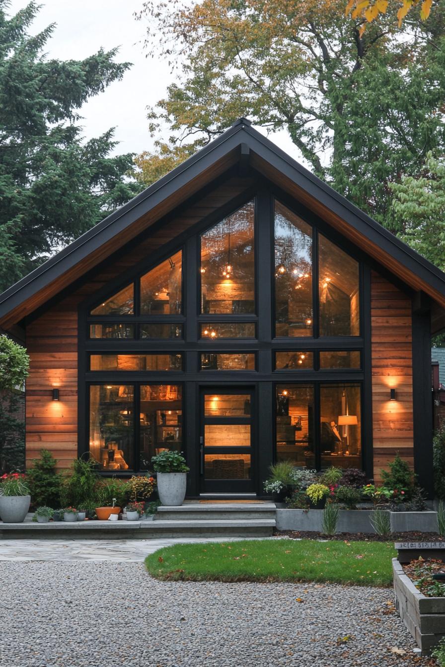 Modern barn house with large glass windows, surrounded by lush greenery