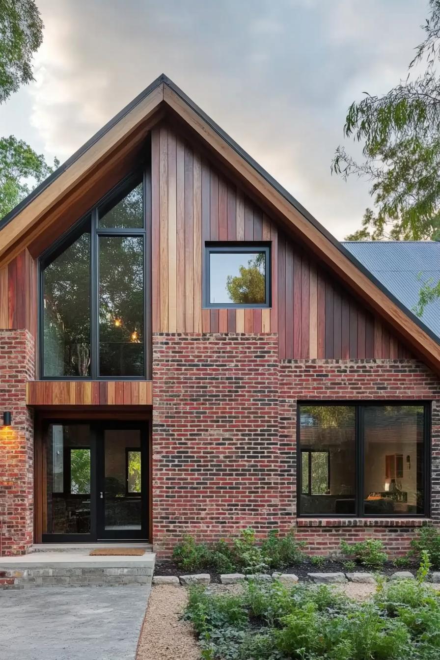 modern house with gable roof facade with red discolored brick and reclaimed timber cladding modern windows and doors 1