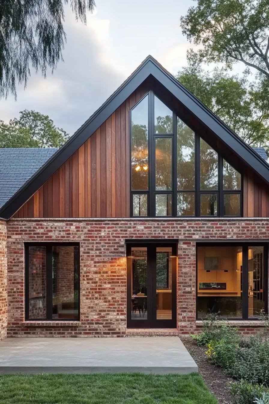 modern house with gable roof facade with red discolored brick and reclaimed timber cladding modern windows and doors 2