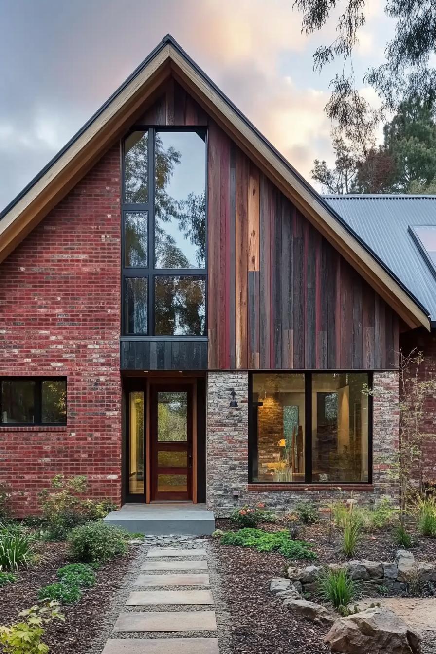 modern house with gable roof facade with red discolored brick and reclaimed timber cladding modern windows and doors