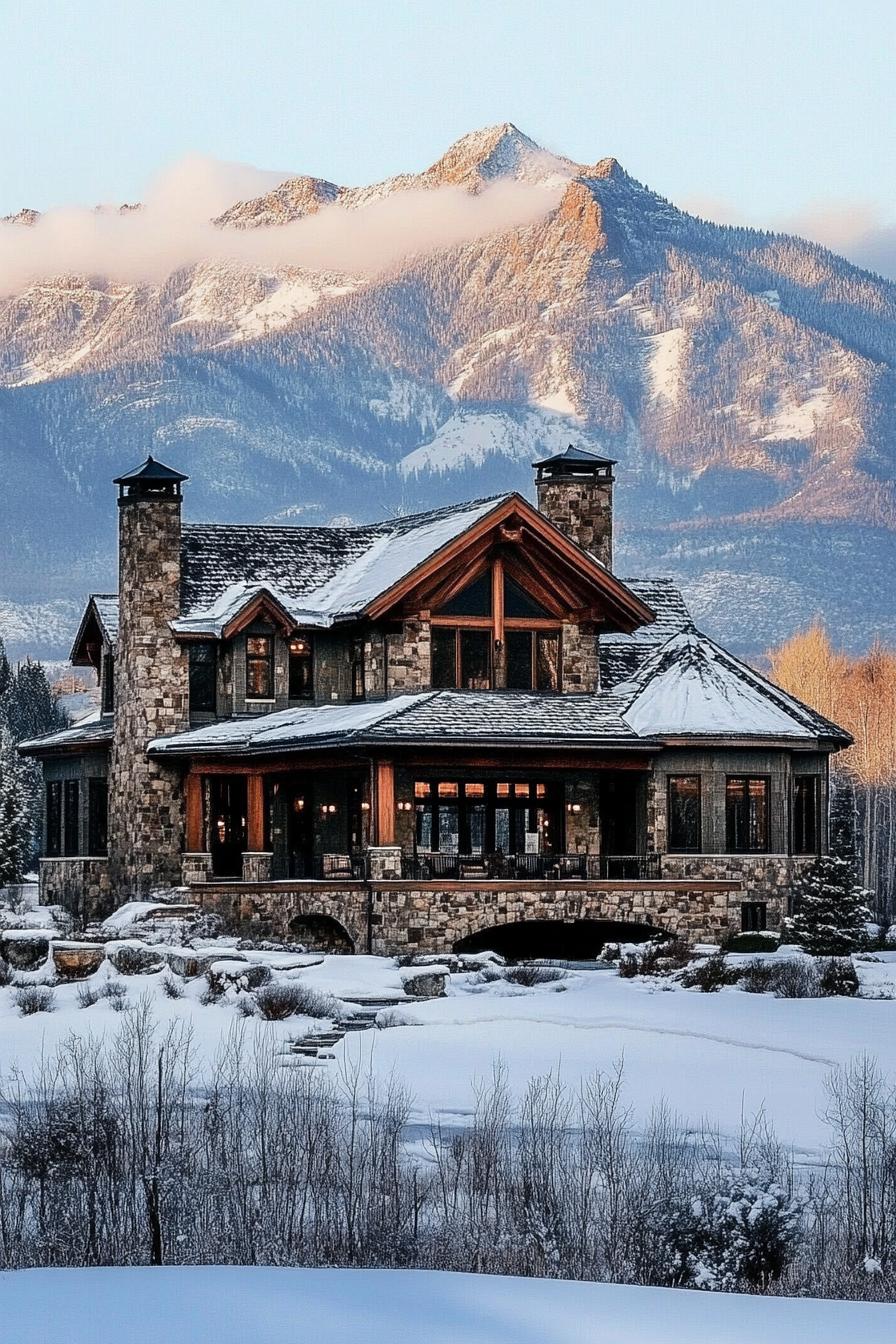 modern mountain mansion stone facade chimney multi pitched roof large porch winter wonderland landscape majestic mountains in the background 1