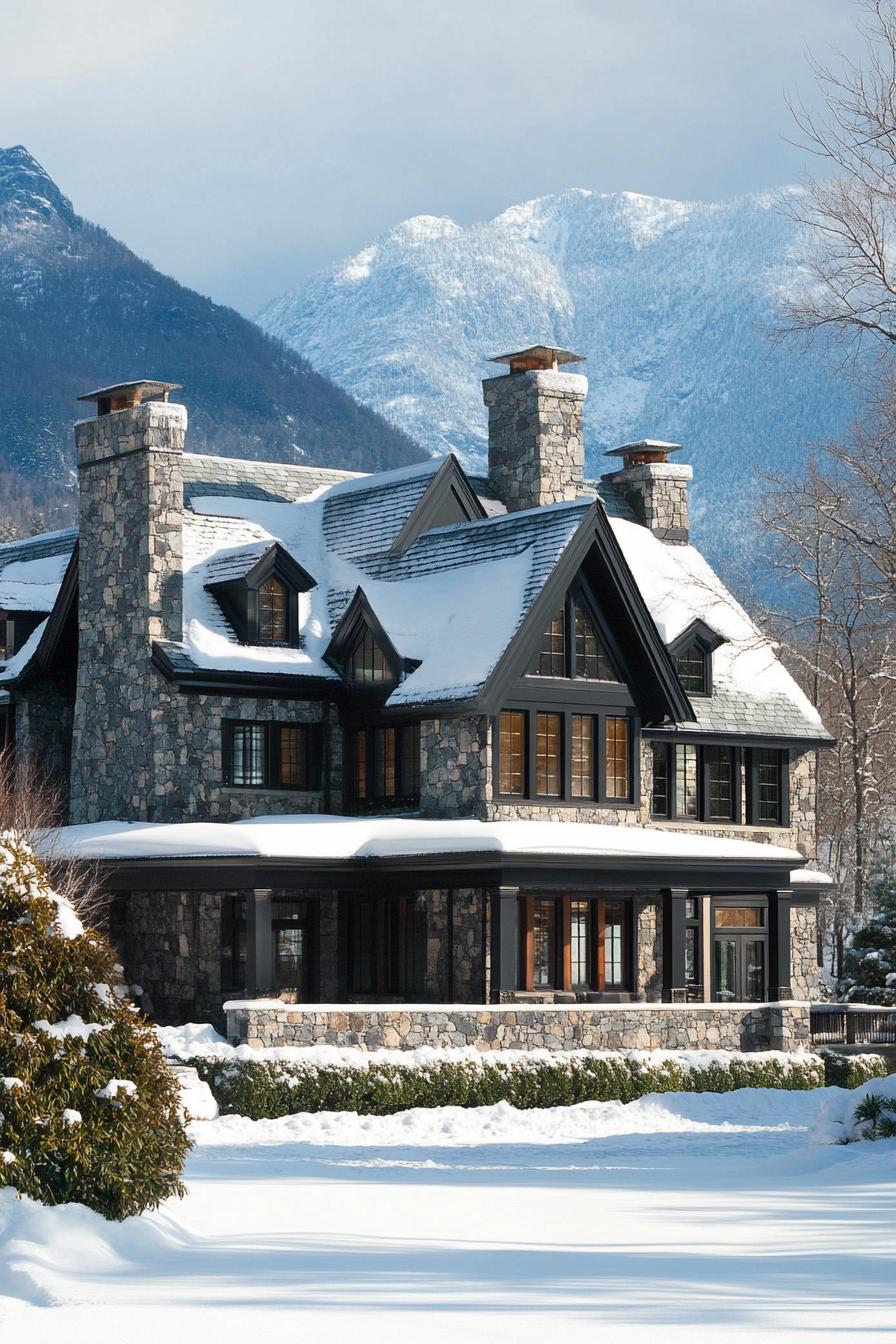 modern mountain mansion stone facade chimney multi pitched roof large porch winter wonderland landscape majestic mountains in the background 2