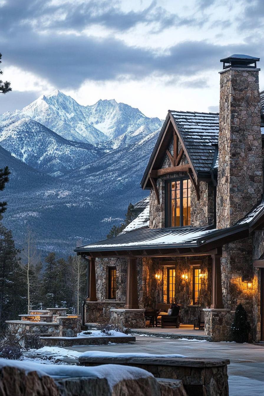 modern mountain mansion stone facade chimney multi pitched roof large porch winter wonderland landscape majestic mountains in the background 3