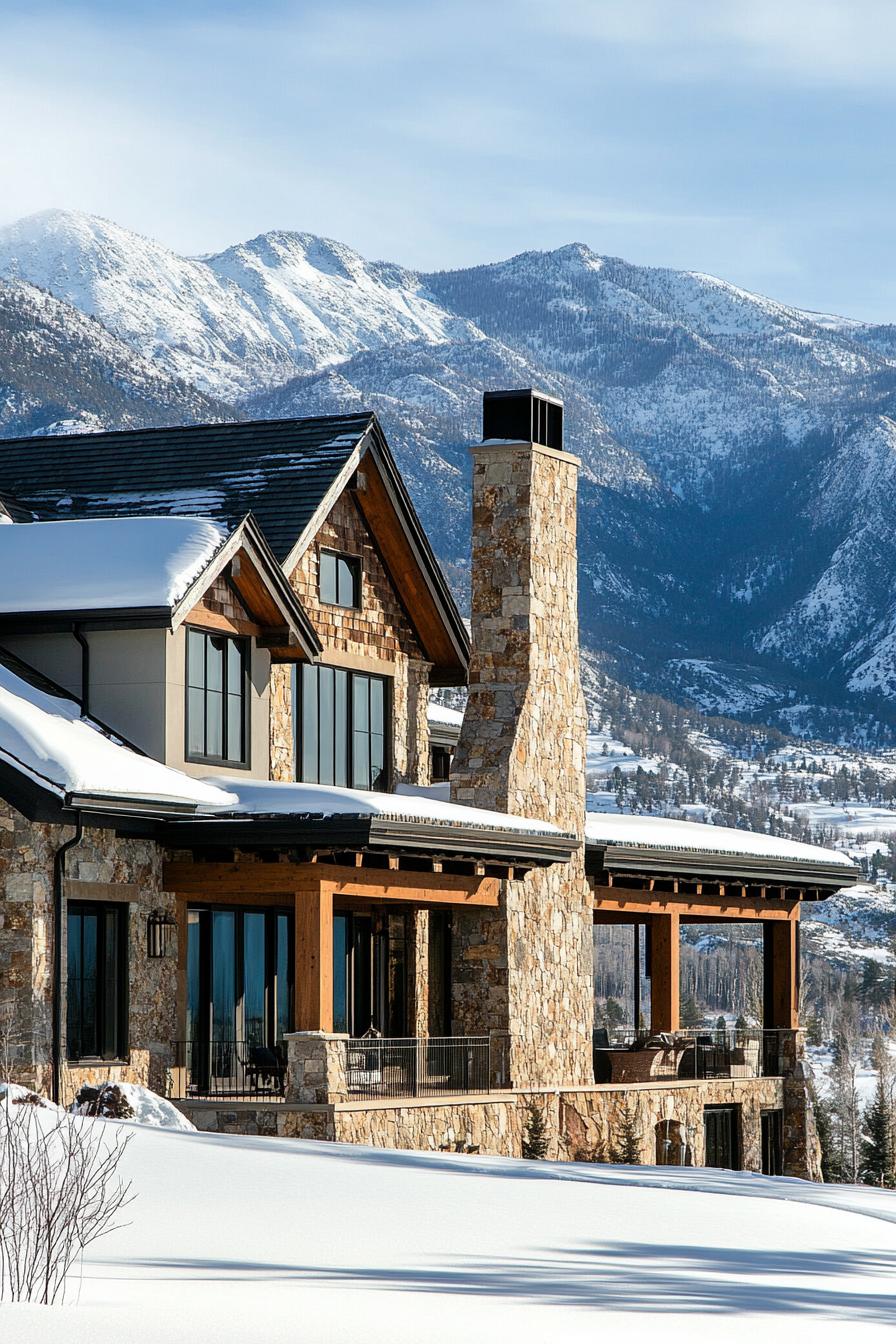 modern mountain mansion stone facade chimney multi pitched roof large porch winter wonderland landscape majestic mountains in the background