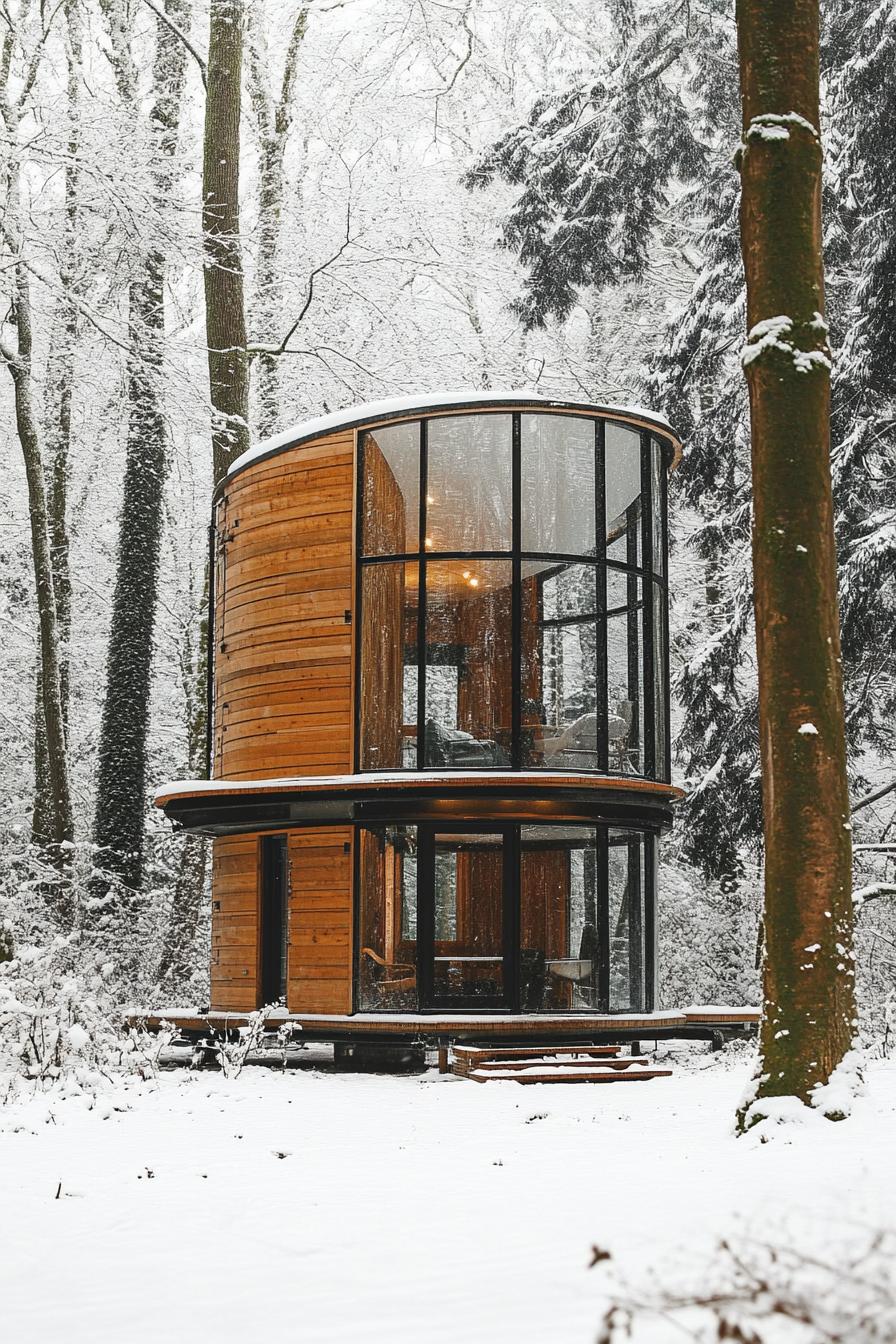 modern tiny cylinder house with reclaimed wood siding glass walls in snowed in forest clearing 1