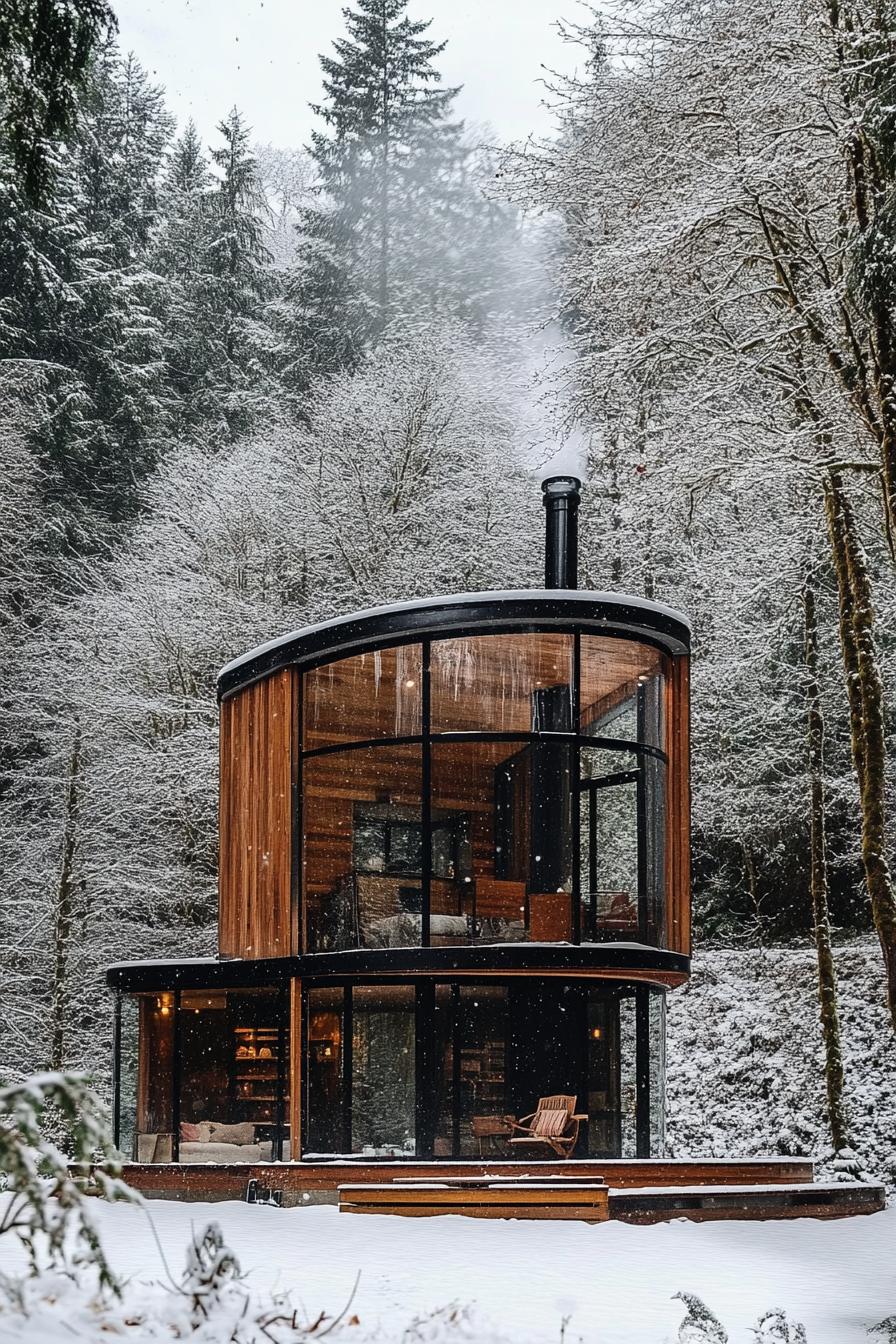 modern tiny cylinder house with reclaimed wood siding glass walls in snowed in forest clearing