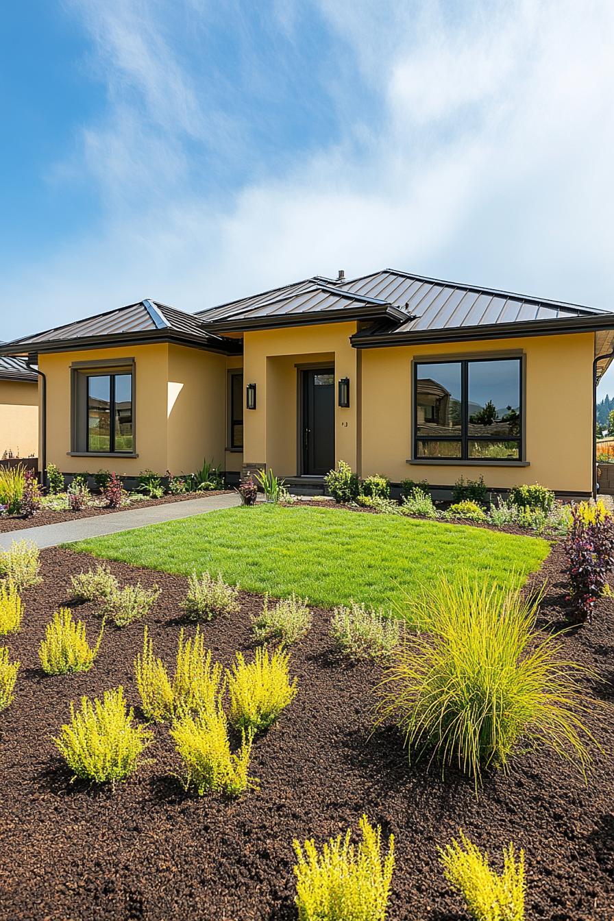 Front view of a modern, single-story house with a lush garden