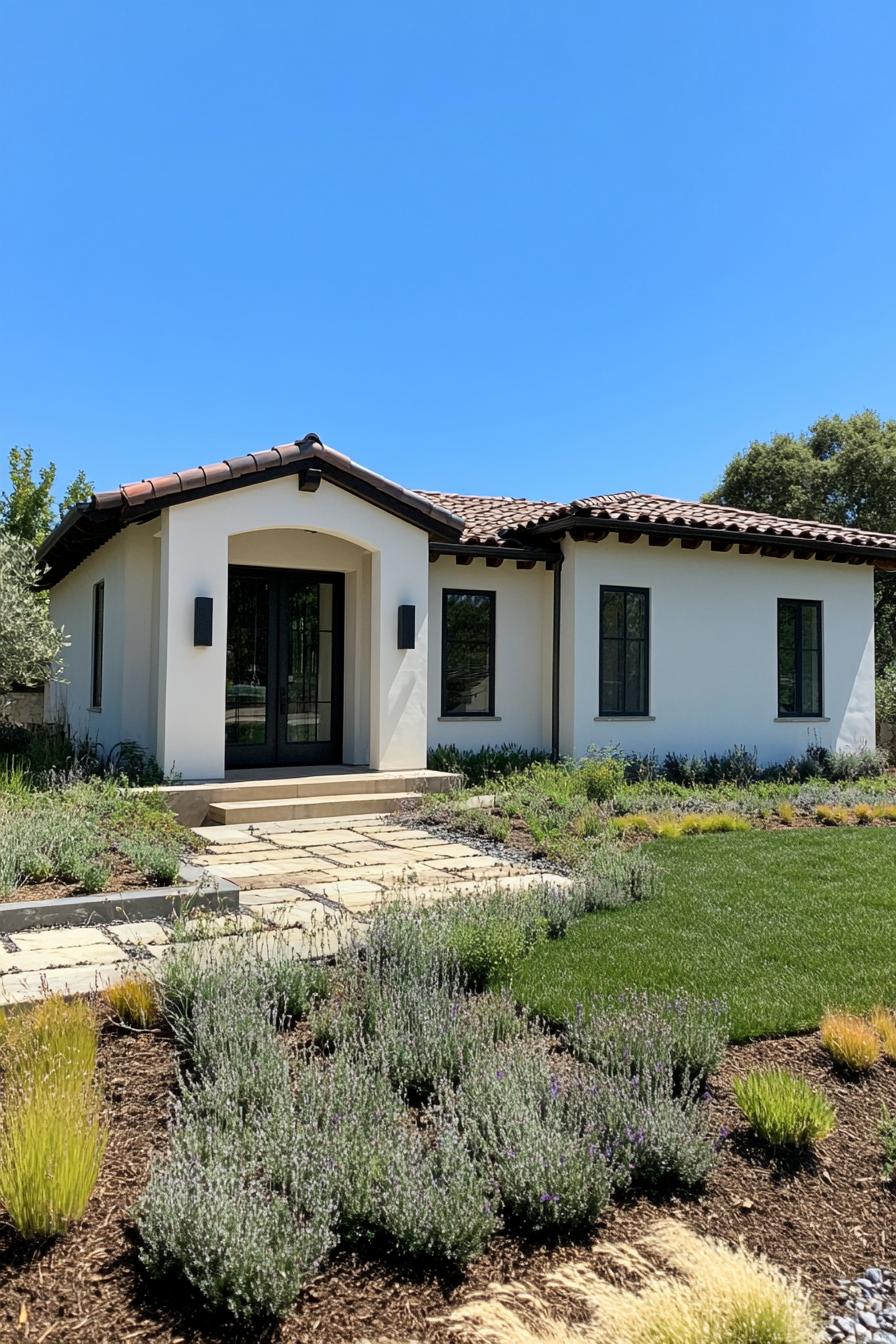 White house with brown roof and welcoming pathway