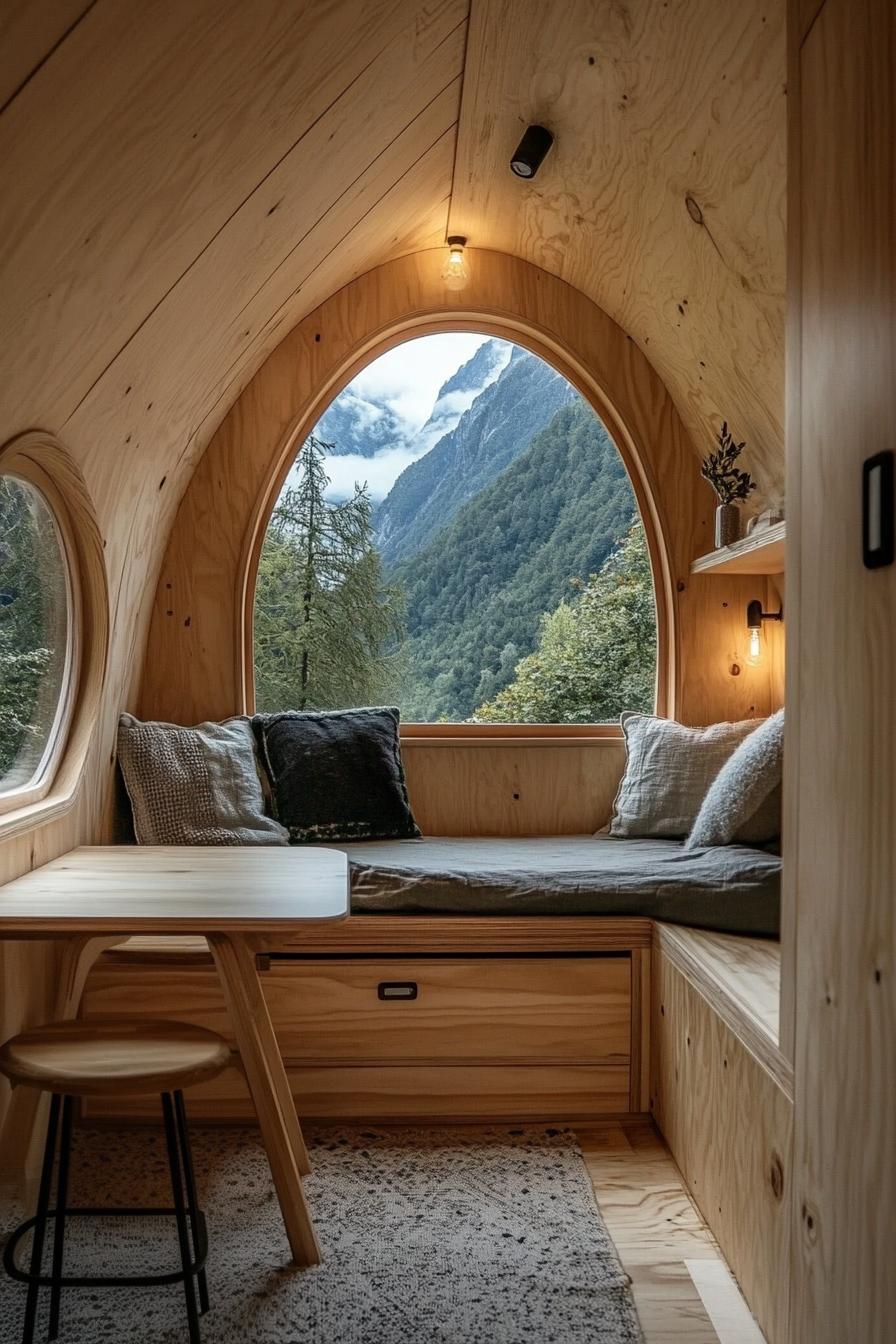 Warm wooden cabin interior with a mountain view