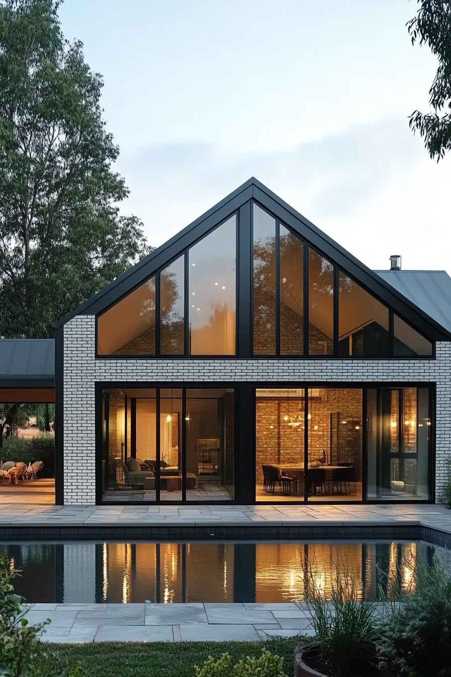 Modern house with large glass windows and evening lights reflecting in a pool