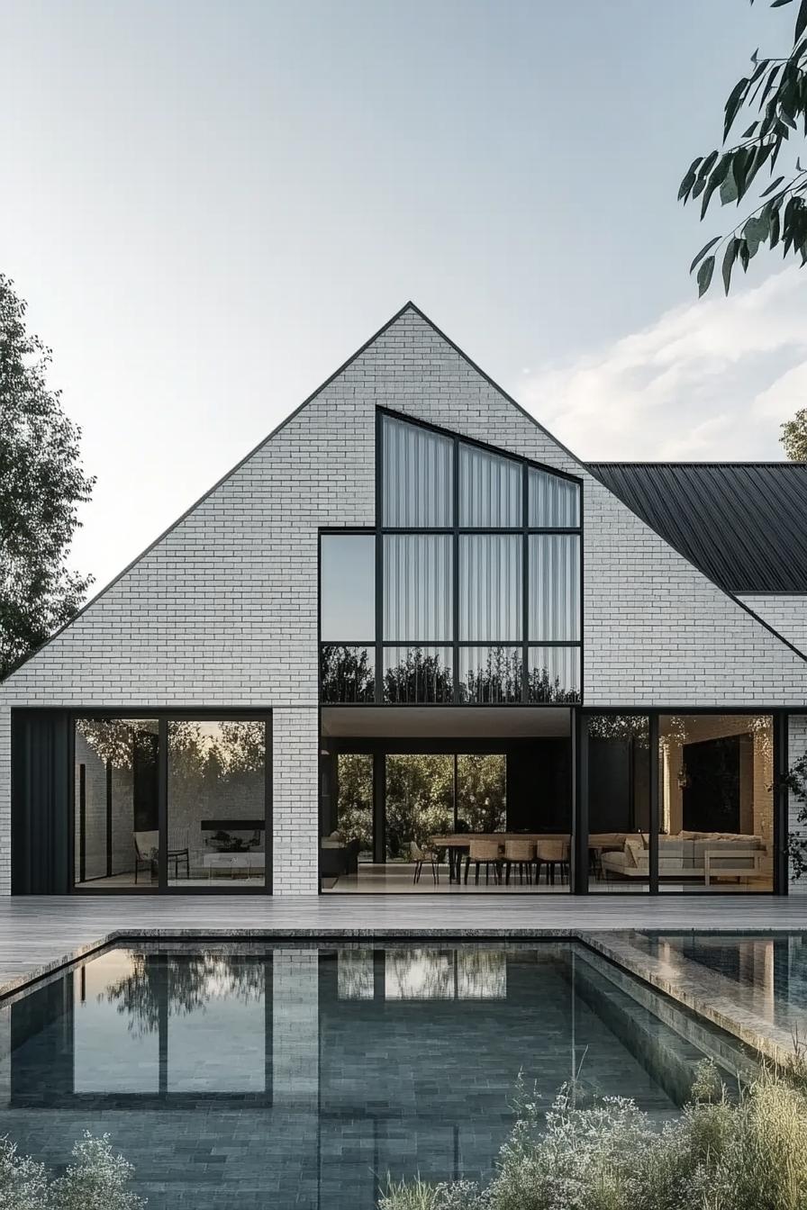 Modern house with large windows and poolside view