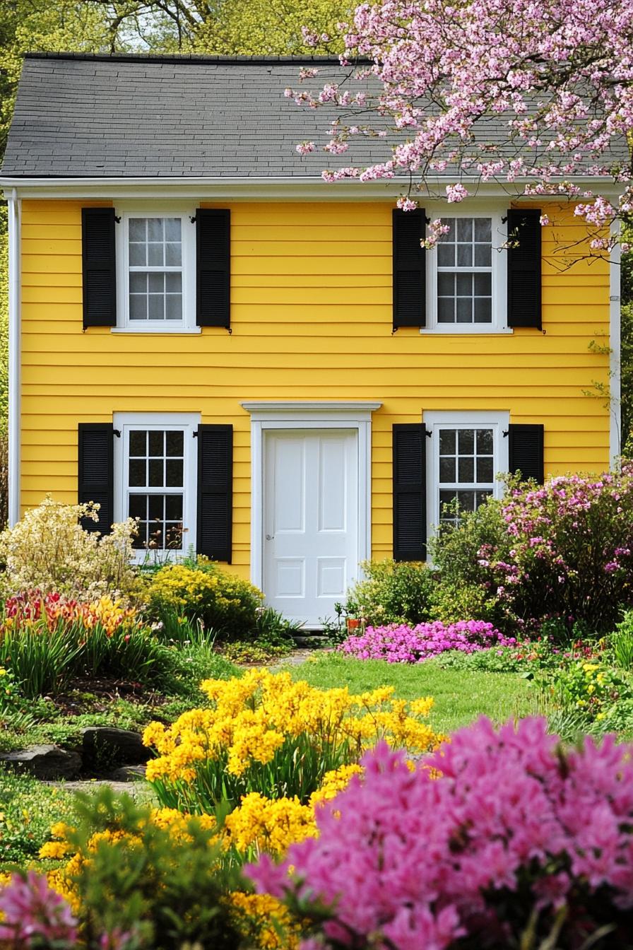 countryside two story house painted yellow modern shutter windows modern doors front garden with blooming flowers 1