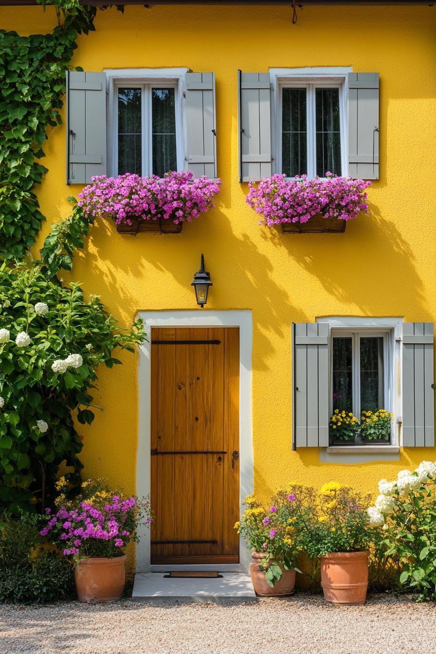 countryside two story house painted yellow modern shutter windows modern doors front garden with blooming flowers