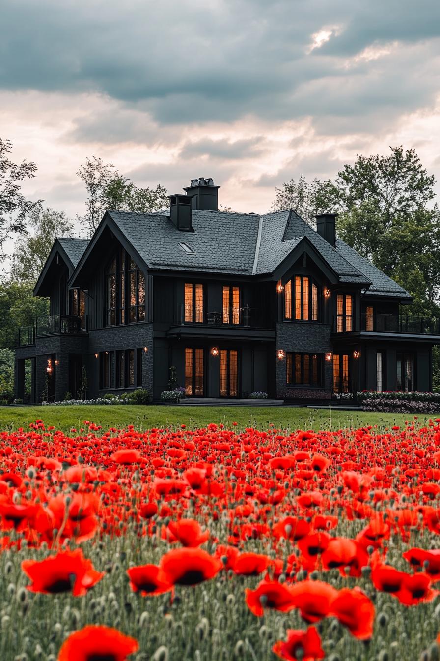 high angle view of large black modern manor house modern windows roof with gables and black shingles in a fields of red poppies contrasting colors