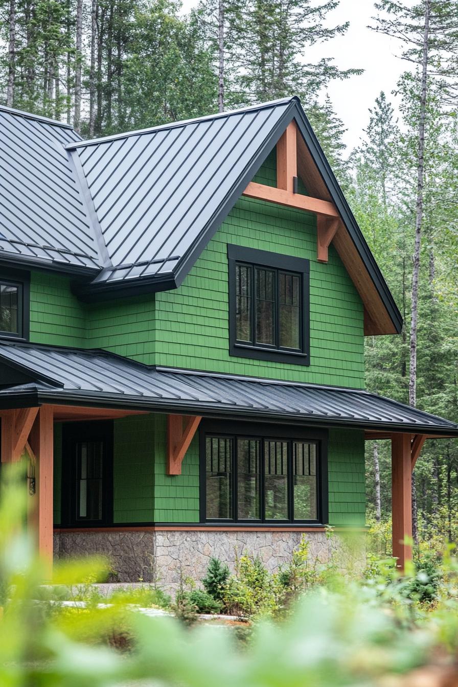 Green house with black trim and metal roof, surrounded by trees