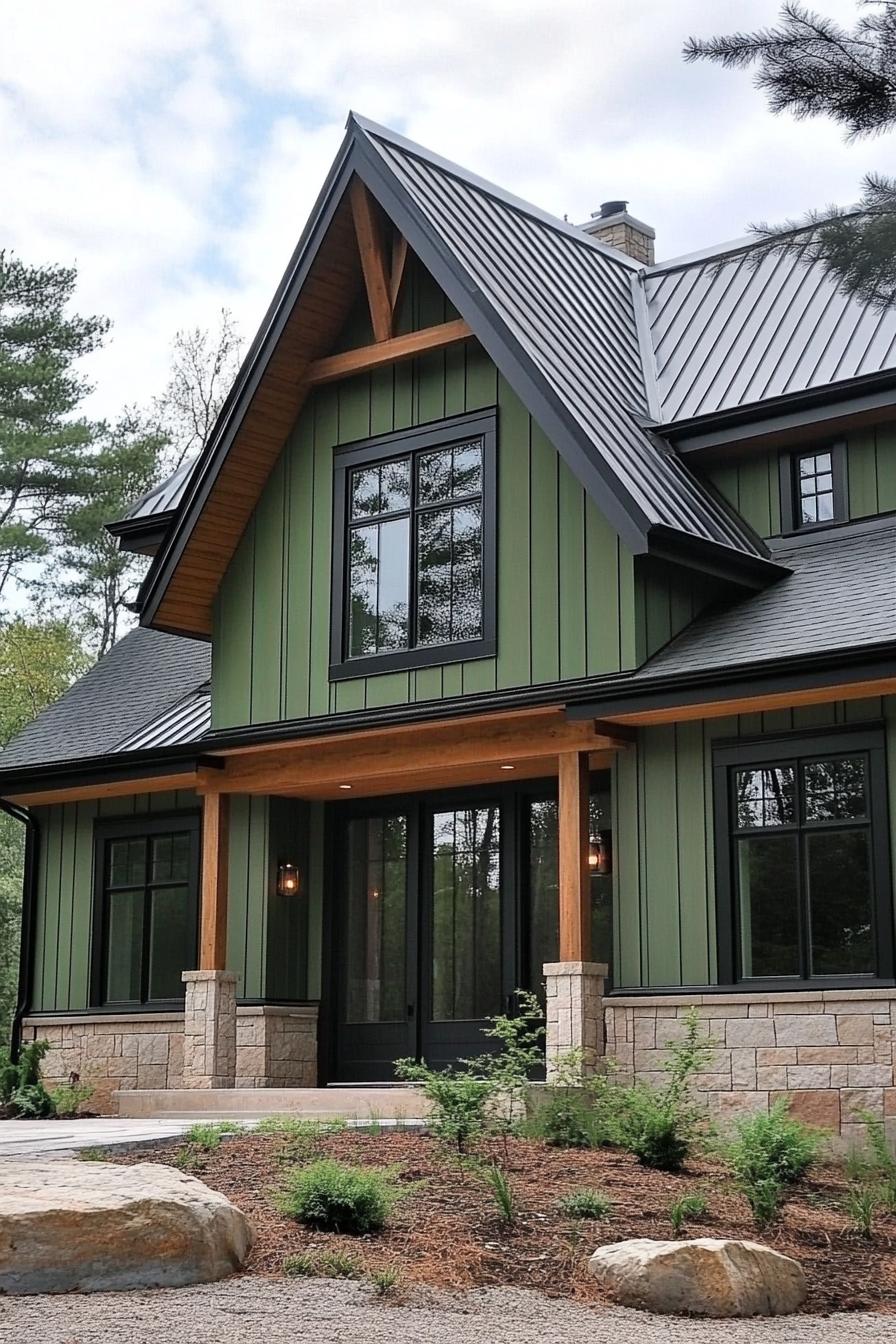 Green and black modern house with tall gables