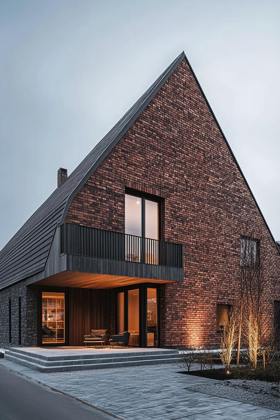 Modern brick house with slanted roof and balcony