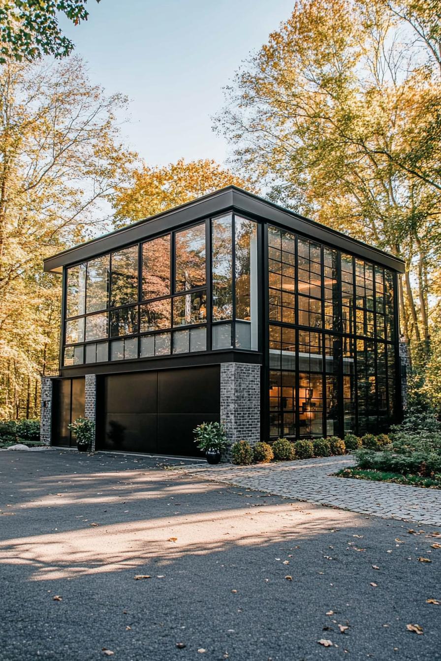 modern glass house with black and white framing garage asphalt driveway 1