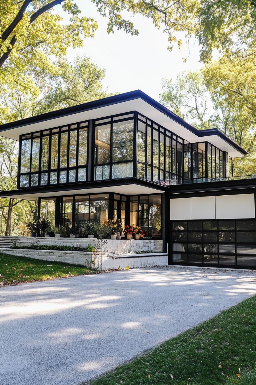 modern glass house with black and white framing garage asphalt driveway 2