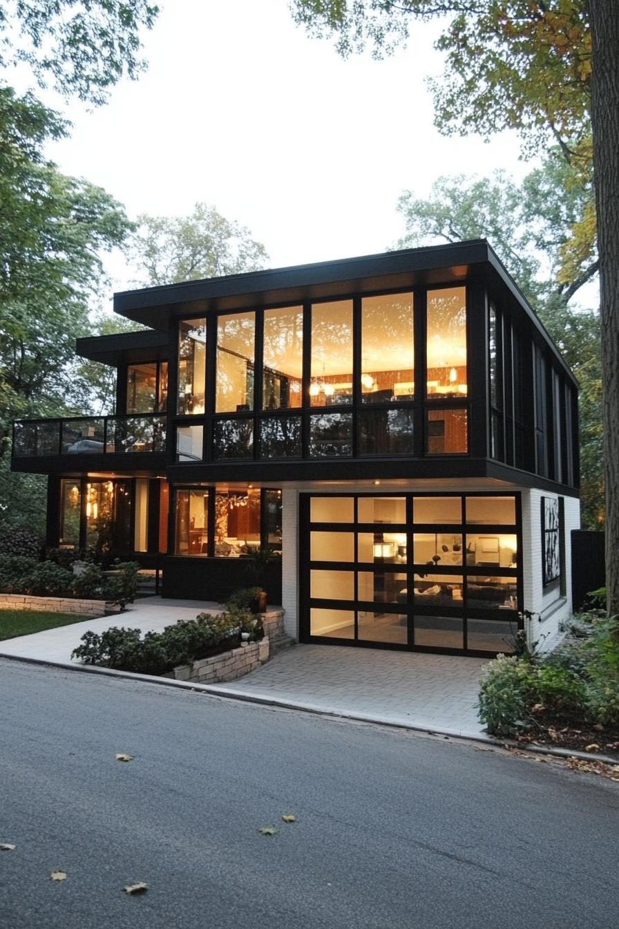 modern glass house with black and white framing garage asphalt driveway