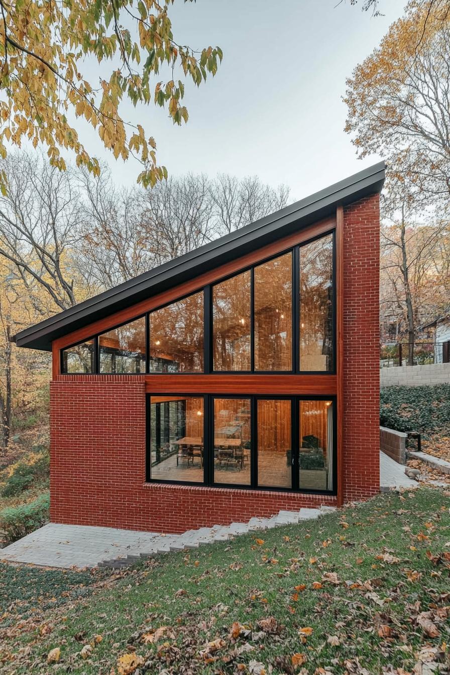 modern half slope house with red brick siding slanted roof along the hill full wall windows with wooden frames