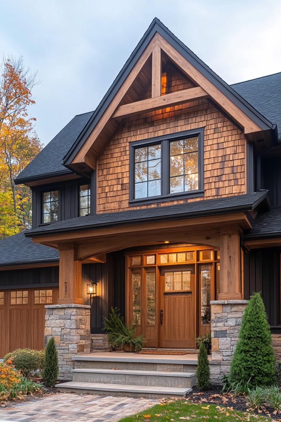 Warm, welcoming wooden façade with stone accents