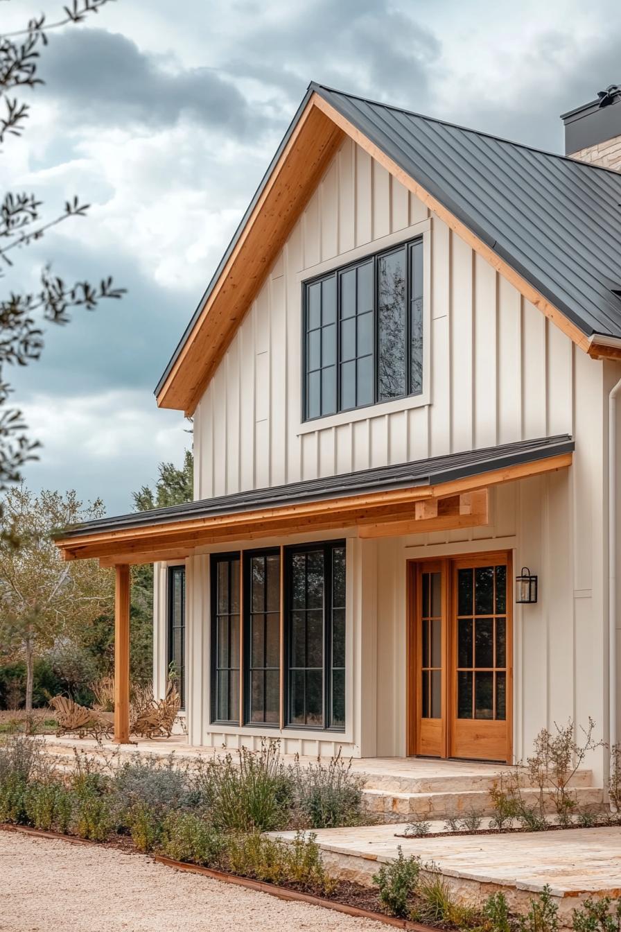 Charming farmhouse with wood elements and black windows