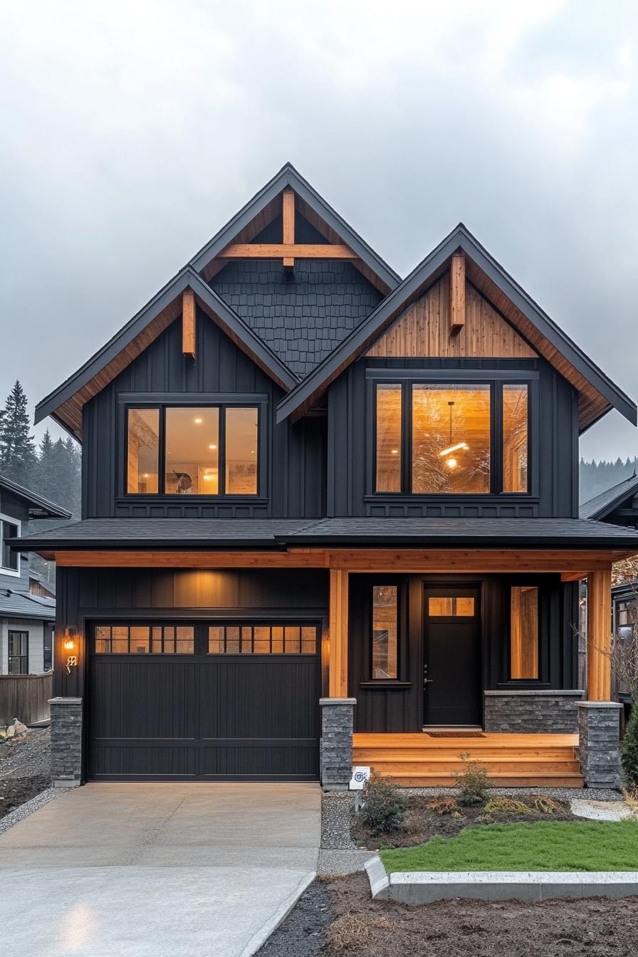 Modern house with black wood facade and warm interior lighting